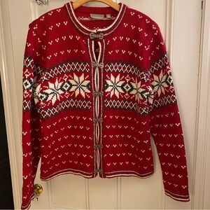 Croft & Barrow Cardigan Sweater Women’s XL Winter Nordic Fair Isle Snowflake Red